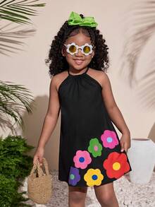 Gaun Tanpa Lengan Model A-Line Longgar dengan Motif Bunga dan Tropis Warna-warni untuk Anak Perempuan, Gaya Kasual Liburan, Musim Semi/Panas - Hitam - View 3