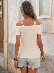 Brillora Women's Apricot One-Shoulder Off The Shoulder Knit T-Shirt,Textured Summer Casual Vacation Tops - Apricot - View 3