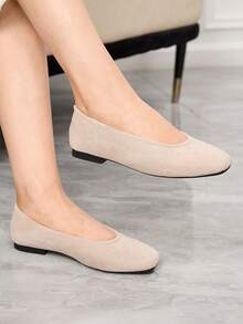 Sleekvia Giày bệt nữ mũi vuông thoải mái, kiểu dáng thường ngày - Màu be - Xem 1