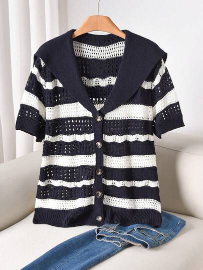 CosyJoli Plus Size Women Striped Short Sleeve Single-Breasted Hollow Thin Cardigan