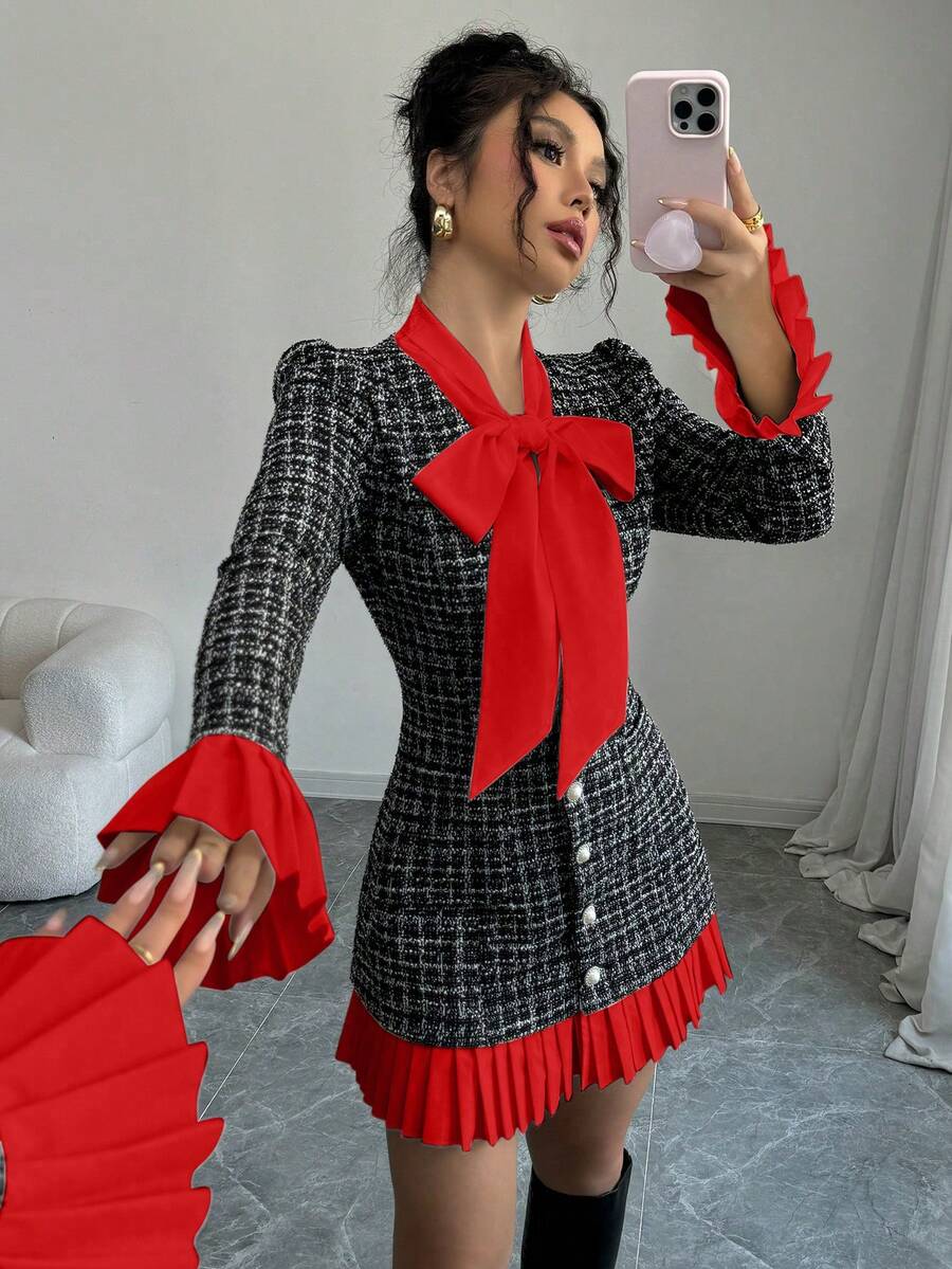 Elenzga Autumn/Winter Bow Tie Collar Contrast Color Pleated Short Dress - Red - View 1