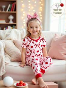 Young Girls Pajamas-2 Piece Pajama Set Spring To Summer Snug Fit Tight Fit Pajamas Heart Print - Pink - View 1