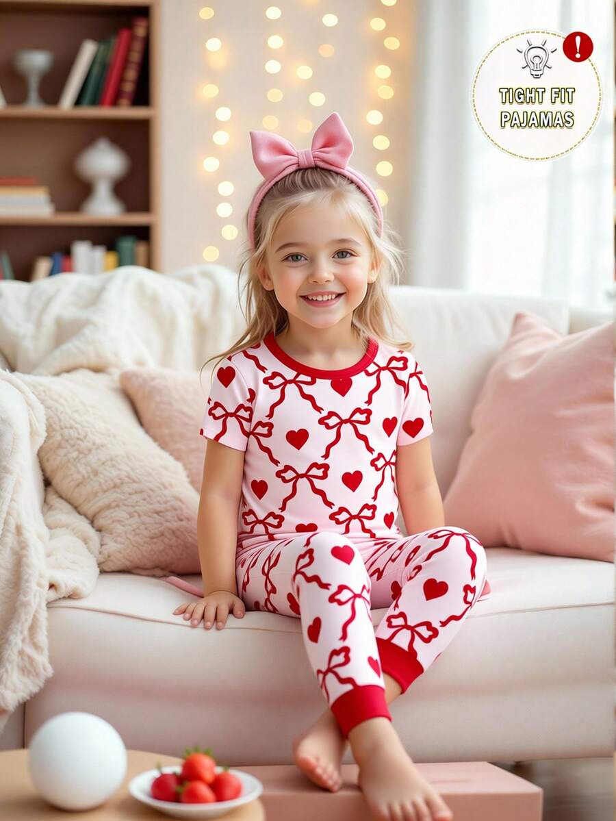Young Girls Pajamas-2 Piece Pajama Set Spring To Summer Snug Fit Tight Fit Pajamas Heart Print - Pink - View 1
