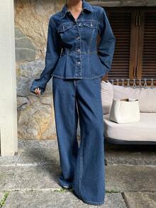 Livesso 女士休闲牛仔套装，翻领荷叶边下摆上衣和裤子，秋季款 - 藍色 - 查看 4