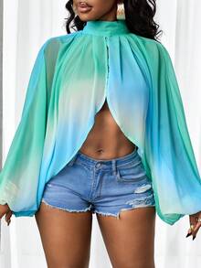 BamGleam 女士立领扎染拼接设计时尚百搭日常灯笼袖衬衫 - 藍色 - 查看 3