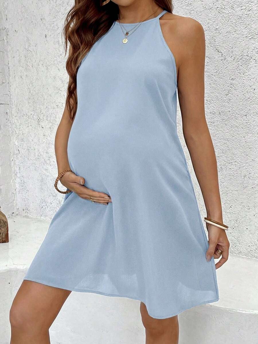 SHEIN Vestido casual de diario de unicolor con cuello halter para maternidad - Celeste - Ver 1
