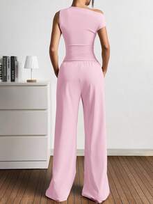 SHEIN EZwear 女士新款纯色不对称下摆露肩上衣和阔腿裤针织两件套 - 淺粉色 - 查看 2