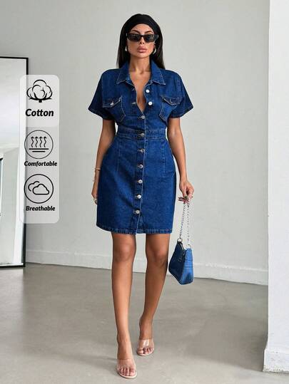 EURMUSE Women's Short Sleeve Single-Breasted Casual Denim Shirt Dress