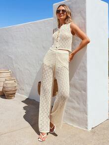 Vivid Eden 2pcs Women Hollow Out Round Neck Sleeveless Knit Top And Knitted Blend Pants Set,Spring To Summer,Vacation,Vacation Style,Beach Set,Casual Sets For Women,Summer Holiday Outfits - Beige - View 1