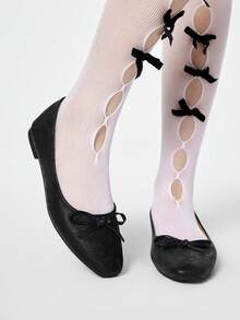 ROMWE Goth 女士时尚系带圆头蝴蝶结装饰套脚鞋，印花软底玛丽珍鞋，适合派对、通勤和休闲穿着，春秋季情人节 - 黑色 - 查看 1