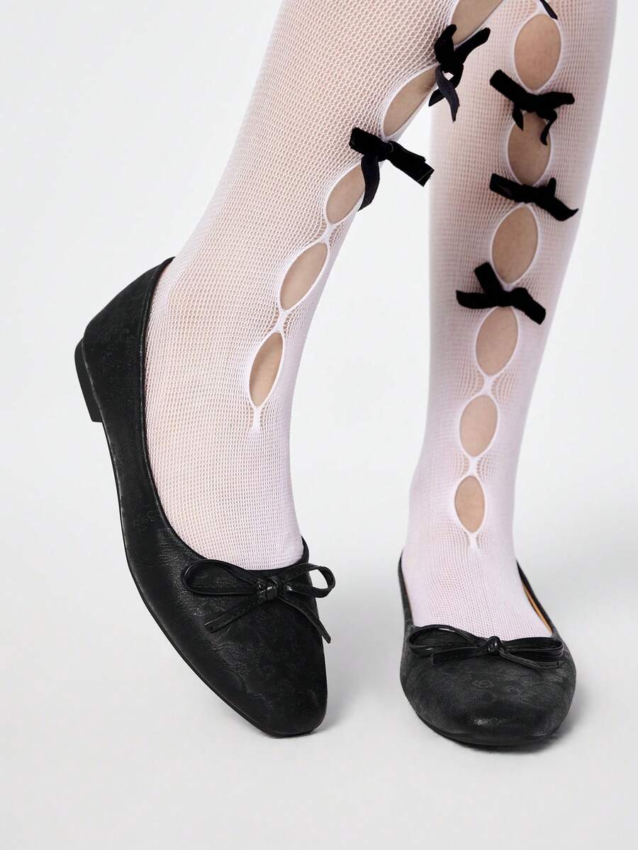ROMWE Goth 女士时尚系带圆头蝴蝶结装饰套脚鞋，印花软底玛丽珍鞋，适合派对、通勤和休闲穿着，春秋季情人节 - 黑色 - 查看 1