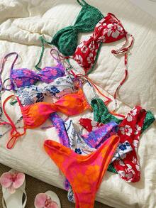 Elavelle Springbreak 女士随机银色印花细肩带扭结高开叉性感比基尼套装 夏季 - 彩色 - 查看 1