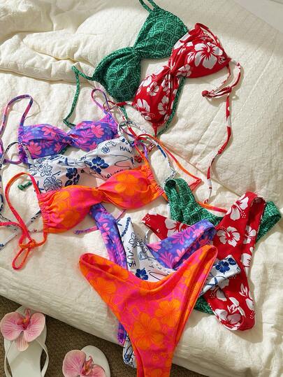 Elavelle Springbreak 女士随机银色印花细肩带扭结高开叉性感比基尼套装 夏季