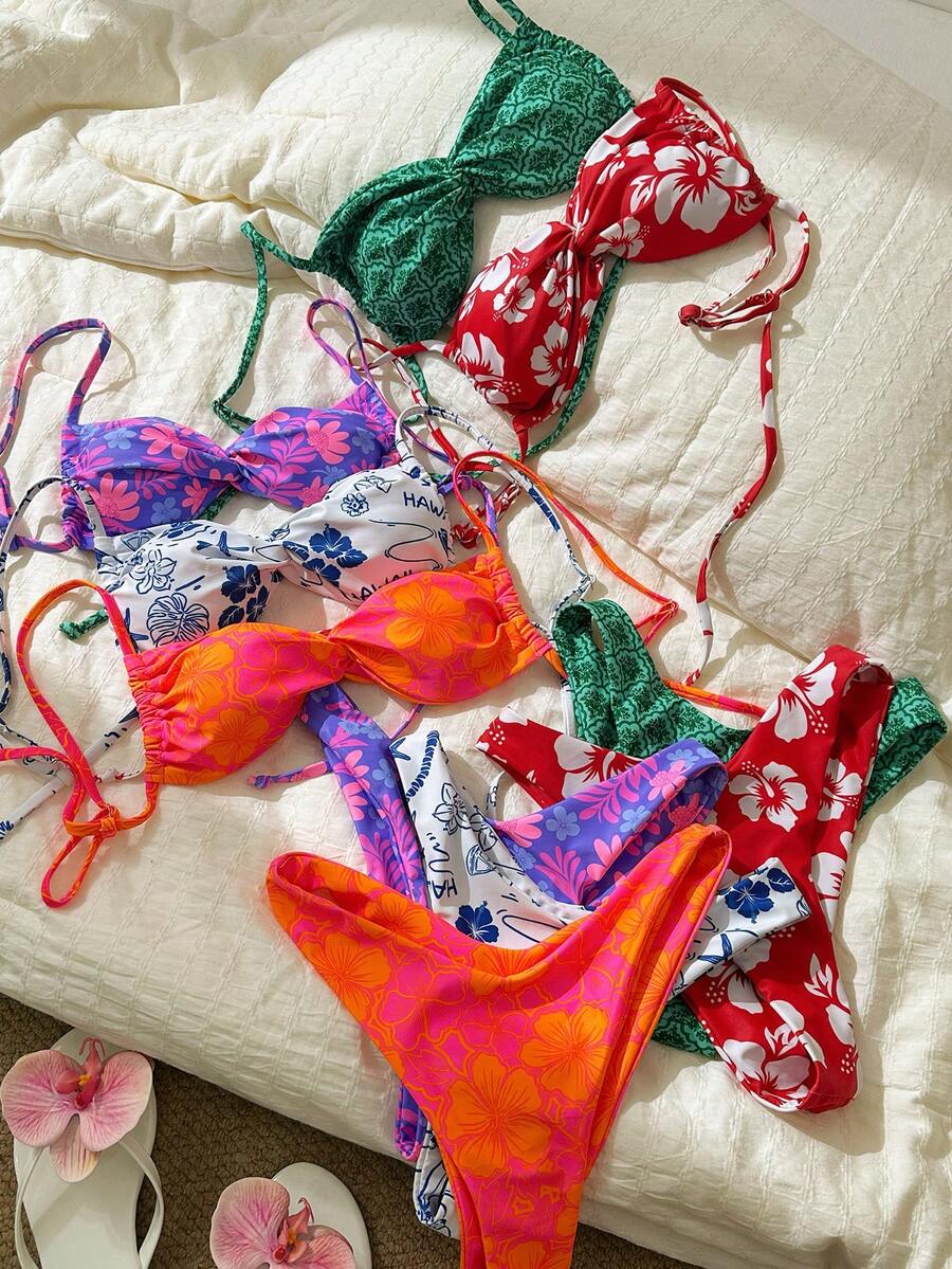 Elavelle Springbreak 女士随机银色印花细肩带扭结高开叉性感比基尼套装 夏季 - 彩色 - 查看 1