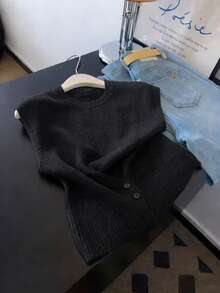 GlowEve CURVE 春夏时尚休闲度假装百搭日常沙滩装女式大码纯色下摆纽扣装饰开衫背心女式沙滩装大码女式上衣 - 黑色 - 查看 4