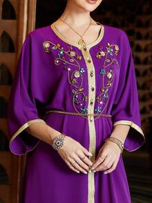 Layrah Women's Elegant Long Sleeve Kaftan In Magenta - Purple - View 8