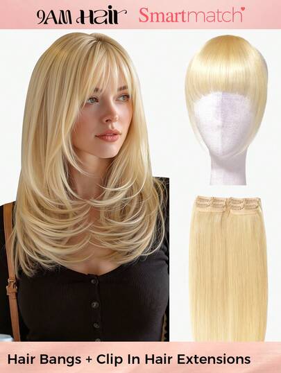 SMART&MATCH 刘海+4片装，8个夹子，直发夹式接发，100%真人发，613号金色，双层缝制，隐形夹式接发，Remy天然真人发，易于造型，适合细软发质或沙龙级造型，适合所有女性/女孩日常使用。