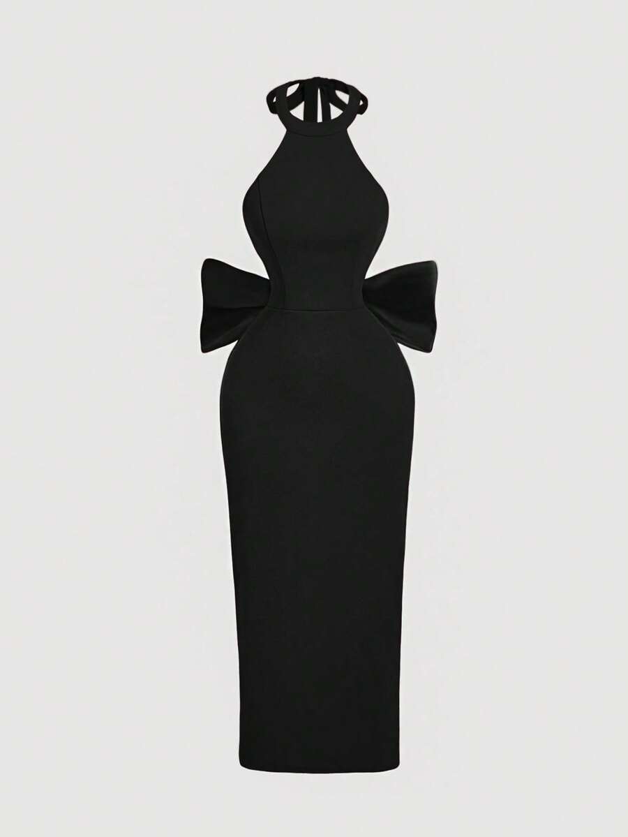 SHEIN MOD Women's Black Backless Bow Tie Halter Neck Dress,Elegant Summer Dinner Club Outfits,Classy Midi Cut Out Birthday Wedding Guest Date Night Dresses - Black - View 1
