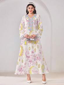 Yasmyna Elegant Moon Print Romantic Conservative Arabic Style Dress, Autumn - Multicolor - View 1