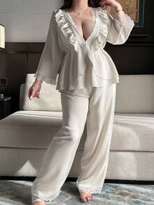 Dazy Plus Plus Size Lace Trim Ruffle Hem Top And Pants Pajama Set - White - View 5