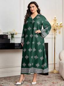 Al Najma Plus Size Women Elegant Modest Floral Print V-Neck Flare Sleeve Loose Arabic Style Maxi Dress - Dark Green - View 3