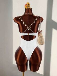 Amplova 一件式女士纹理波浪条纹贝壳泳衣，性感时尚，适合度假穿着，女士度假装扮，优雅女士沙滩泳衣 - 彩色 - 查看 8