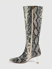 CUCCOO SZL Giày bốt cao đến đầu gối mũi nhọn họa tiết da rắn tối giản thanh lịch đa năng dành cho nữ, khóa kéo bên hông, kiểu dáng stiletto, thích hợp cho mùa Giáng sinh. - Đen và trắng - Xem 9
