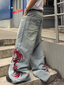 ROMWE MEN Men's Casual Fashion Street Style Dragon & Chinese Character Embroidery Washed Loose Wide-Leg Jeans, Belt Not Included - Light Wash - View 3