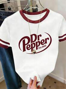 EMERY ROSE Camiseta casual de mujer con cuello redondo de manga corta, con borde contrastante rojo y estampado de letras Y2K, estilo primavera/verano - Multicolor - Ver 1