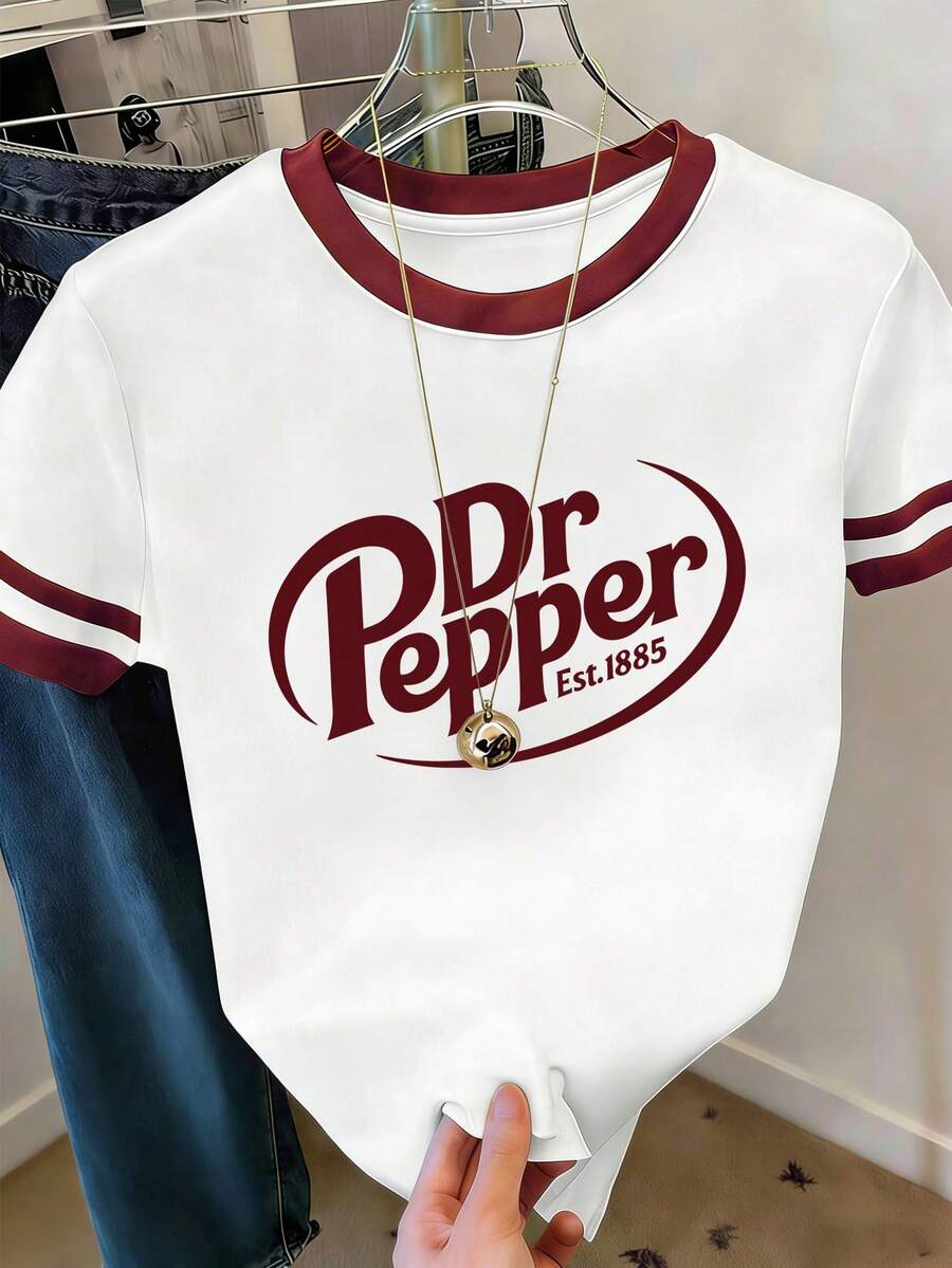 EMERY ROSE Camiseta casual de mujer con cuello redondo de manga corta, con borde contrastante rojo y estampado de letras Y2K, estilo primavera/verano - Multicolor - Ver 1