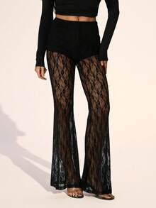SHEIN Tall Women's Elastic Waist Floral Lace Straight Loose Fashion Pants Bell Bottom Pants See Through Pants Mesh Pants