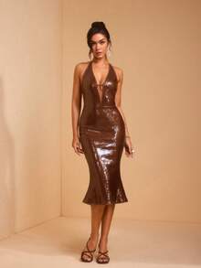 JIAN LASALA 纯棕色亮片深V领露背系带修身优雅中长连衣裙 - 咖啡 - 查看 3