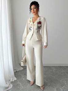 Elenzga Conjunto de 2 piezas elegante bordado para mujer, otoño/invierno - Albaricoque - Ver 5