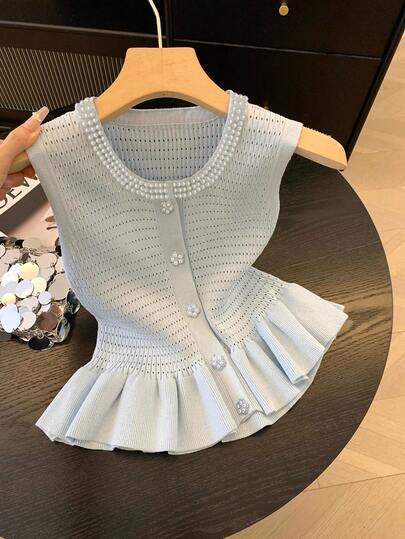 GlowEve Sleeveless Round Neck Pearl Decor Single Row Rhinestone Button Hollow Waist Ruffle Hem Women Sweater