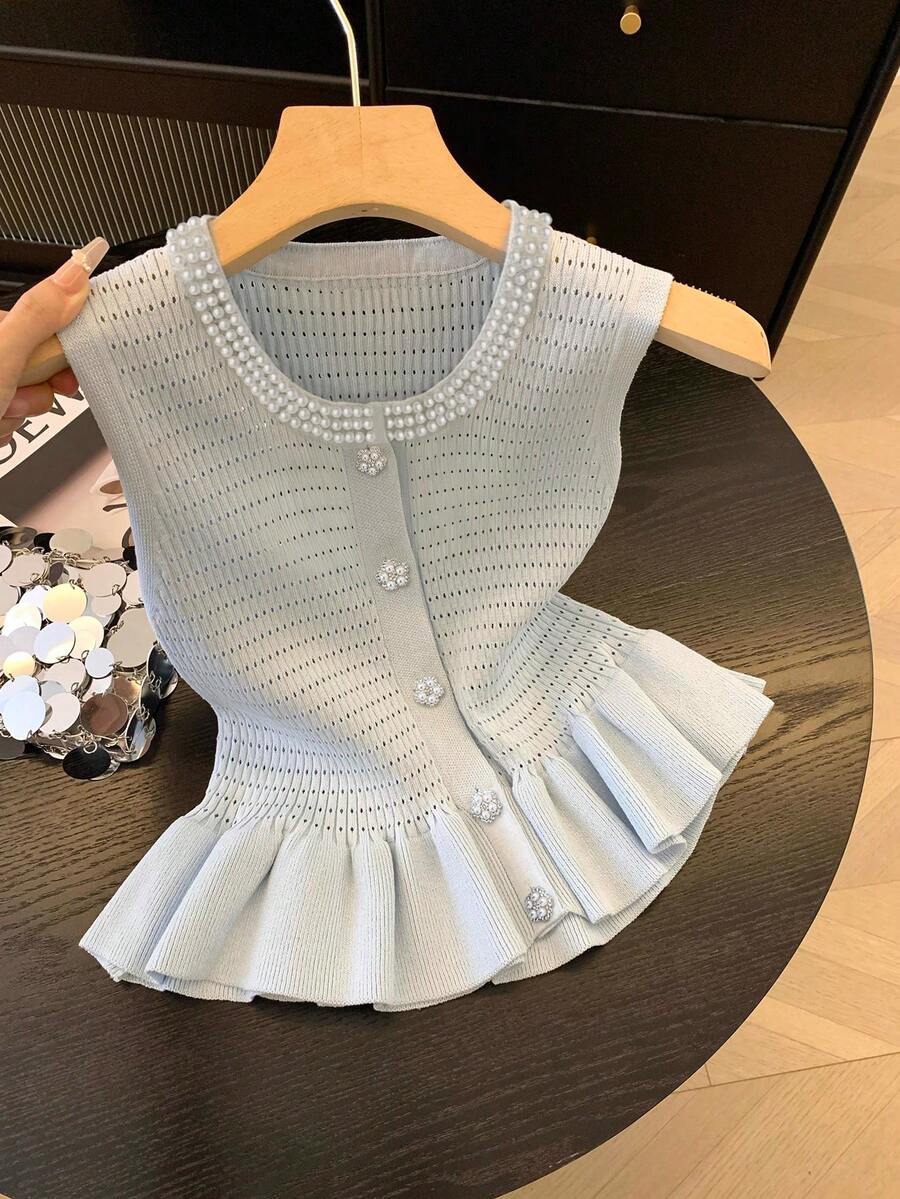 GlowEve Sleeveless Round Neck Pearl Decor Single Row Rhinestone Button Hollow Waist Ruffle Hem Women Sweater - Blue - View 1