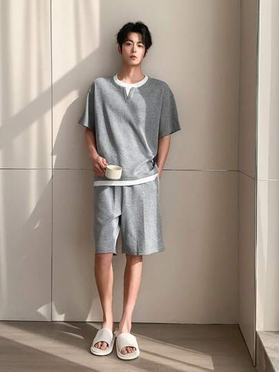 DAZY Men's Summer Short Sleeve Shirt With Faux Two-Piece Collar & Hem Design, Paired With Shorts Loungewear Set