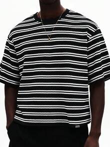 SUMWON Oversized Crew Neck Short Sleeve Horizontal Striped Knit Casual Summer Relaxed Fit Tee Shirt - Black - View 1