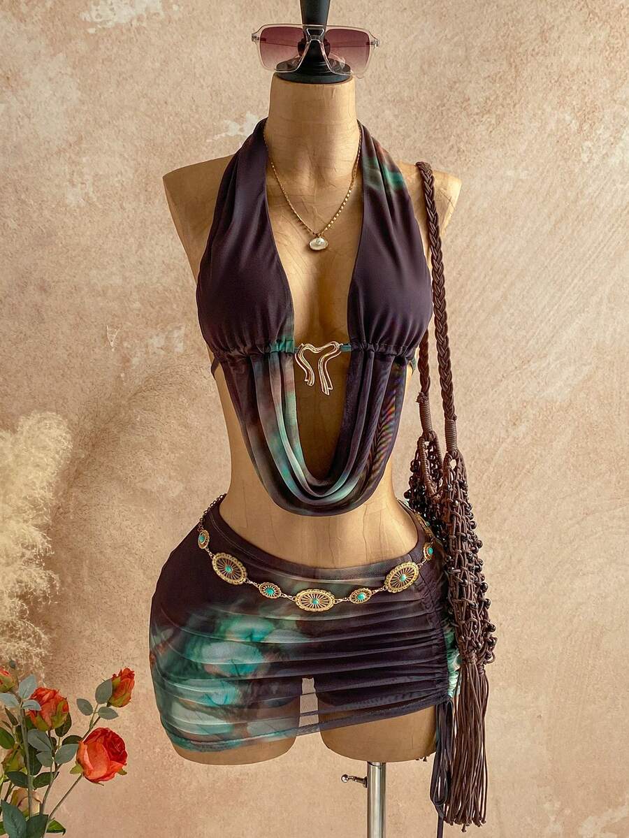 Soleia 2pcs/Set Vacation Casual Halter Tie Metal Buckle Knit Top + Pleated Skirt, Suitable For Afternoon Tea, Beach, Music Festival And Other Occasions - Multicolor - View 1