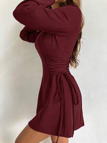 Aloruh Women's Autumn/Winter New Coffee Brown Cheongsam Collar Hollow Out Mini Dress With Side Waist Criss-Cross Tie A-Line - Burgundy - View 5