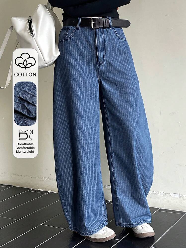 Women's Striped Pocket Wide Leg Loose Casual Jeans
