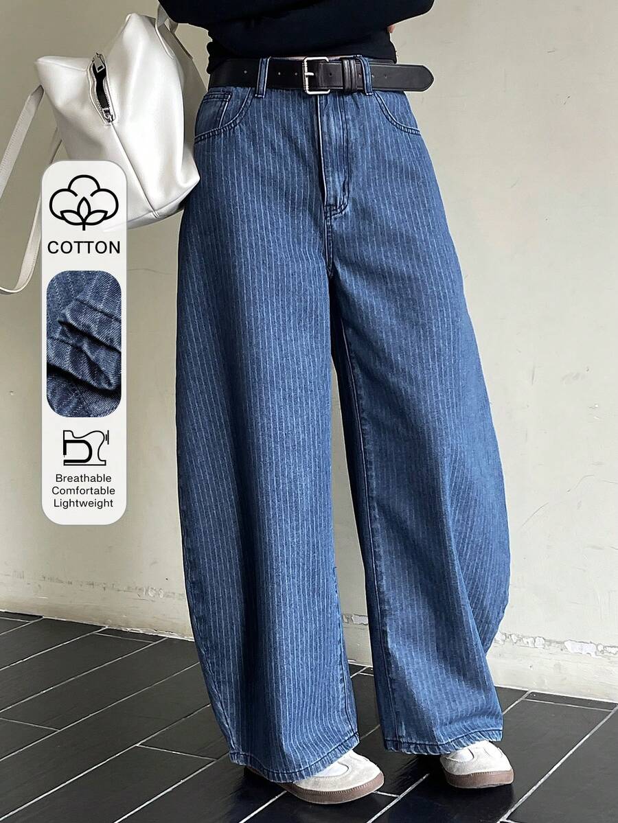 DAZY Women's Striped Pocket Wide Leg Loose Casual Jeans - Blue - View 1