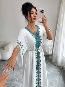 Yasmyna 女士花卉图案V领流苏袖口宽松阿拉伯风格连衣裙 - 彩色 - 查看 7