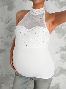 MaterniChic 孕妇装 孕妇上衣 夏季孕妇装 白色亮片吊带孕妇背心，浪漫优雅，适合约会，高弹力 - 白色 - 查看 5