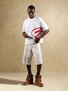 SUMWON Áo thun cổ tròn tay ngắn dáng rộng thoải mái, in logo nổi bật, chất liệu cotton pha, kiểu dáng thường ngày, thích hợp mặc lót. - trắng - Xem 4