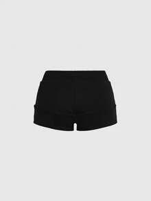 ROMWE Grunge Punk Y2K Vintage Distressed Metallic Grommet Lace-Up Super Low Rise Mini Shorts - Black - View 2