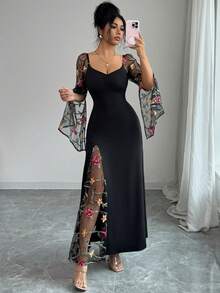 Rafferiza Đầm dự tiệc tay xẻ thanh lịch phối lưới thêu hoa dành cho nữ - Nhiều màu - Xem 6