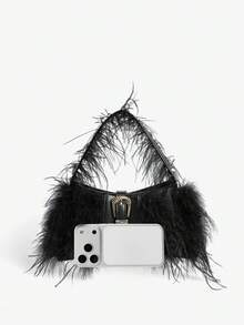 Viva Strut 女士单肩包、流浪包、手提包、仿毛皮、毛绒、皮草、黑色、PU材质、黑色包包、时尚、个性化、简约、百搭、街头风、甜美酷女孩、辣妹、Y2K、复古、铆钉、复古 - 黑色 - 查看 5