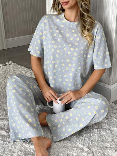 EURMUSE Women Cotton 2 Pcs Contrast Colour Daisy Patterned Short Sleeved Shirt&Long Pants Homewear Lounge Set Pajama Sets For Women Round Neck Sleep Wear Women 2 Piece Set Comfy Pajamas Set Pajamas Set For Woman Cute Sleep Set