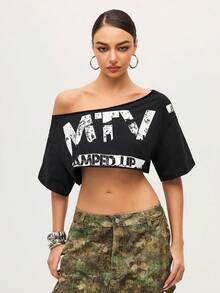 MTV | SHEIN Women's Letter Pattern Asymmetric Neckline Casual Short Sleeve Top - Black - View 3