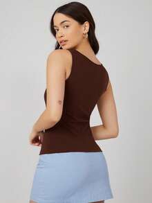SHEIN BASICS Camiseta de tirantes de cuello cuadrado unicolor - Marrón - Ver 3